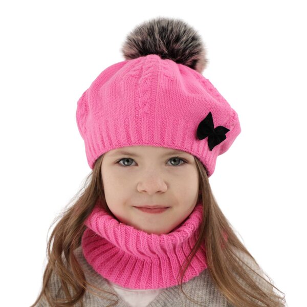 Зимний комплект для девочки: берет с помпоном и дымоход розовый Amora