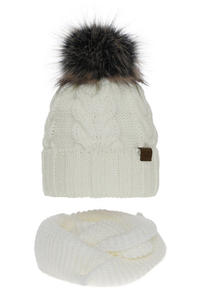 Зимний комплект для девочки: кремовая шапка и снуд с помпоном Torina
