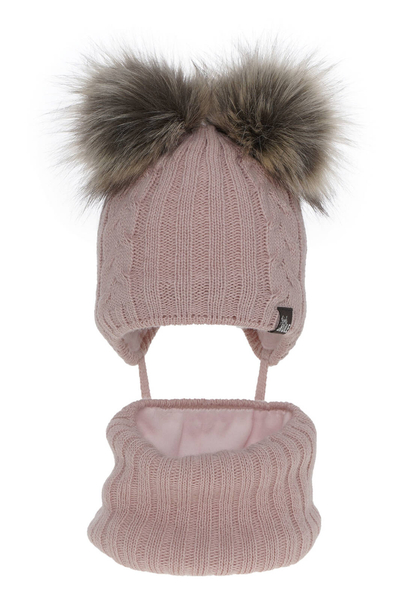 Зимний комплект для девочки: шапка и дымоход розового цвета с двумя помпонами Marlen