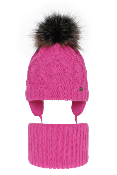 Зимний комплект для девочки: шапка и труба розовая с помпоном Елена