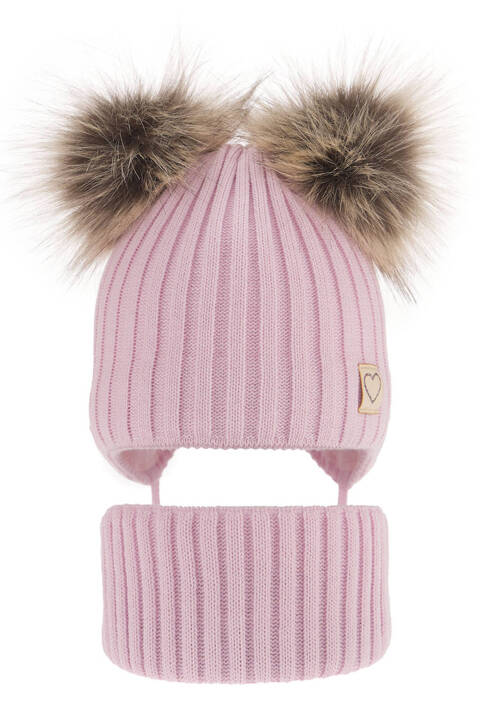 Зимний комплект для девочки: шапка с двумя помпонами и дымоход розового цвета Telisa