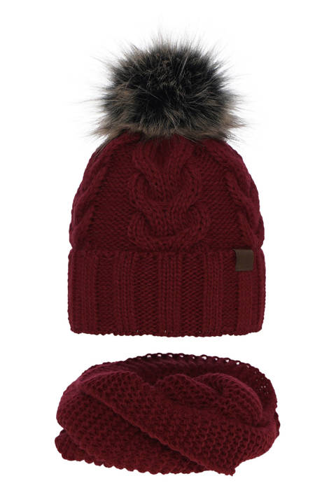 Зимний комплект для девочки: шапочка и труба бордовая с помпоном Torina