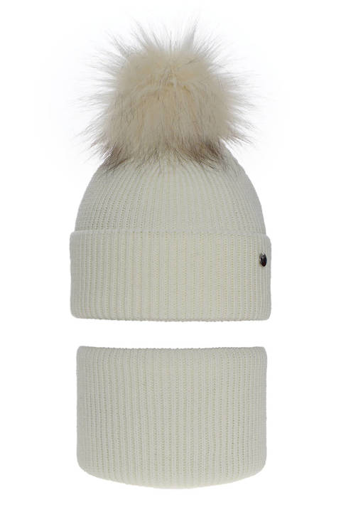 Зимний комплект для девочки: шапочка с помпоном и дымоход кремовый Reneta